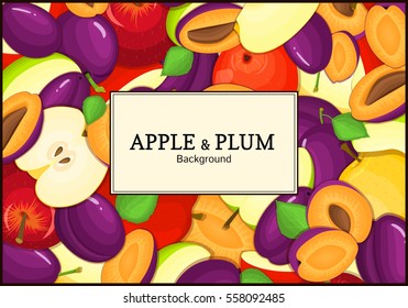 The rectangular frame on ripe apple plum fruit background. Vector card illustration. Delicious fresh and juicy apples plums whole, peeled, slice, seed appetizing looking for packaging design