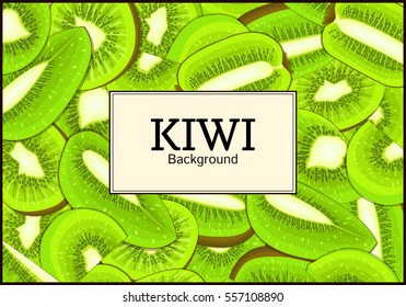 The rectangular frame on ripe kiwi fruit background. Vector card illustration. Delicious fresh juicy kiwi fruit peeled, piece of half slice seed. appetizing looking for packaging design food juice