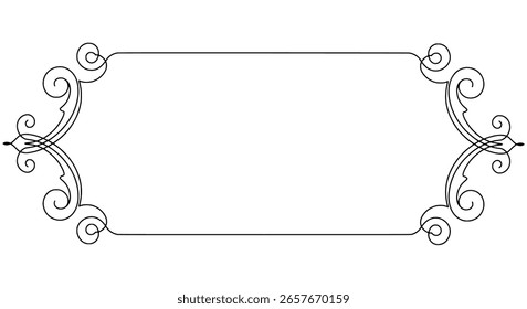 Rectangular frame with ornate, vintage-style swirls on the sides. A classic and elegant border for formal designs and invitations.