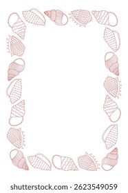 Quadro retangular com conchas rosa contorno. Elemento de design para impressão, cartão e convite. Ilustração isolada de vetor