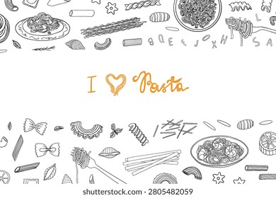 Rectangular frame of pasta theme. Pasta of different shapes. Italian Cuisine, spaghetti and fork. Hand drawn	