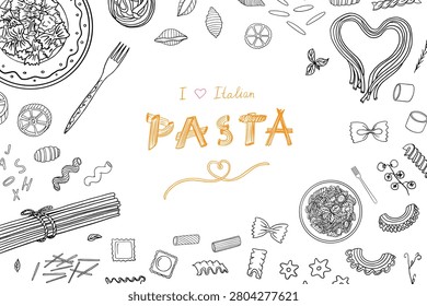 Rectangular frame of pasta theme in doodle style. Pasta of different shapes. Italian Cuisine, spaghetti and fork.