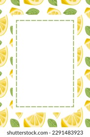 Rectangular frame with patterns of lemon slices with leaves. Bright background.