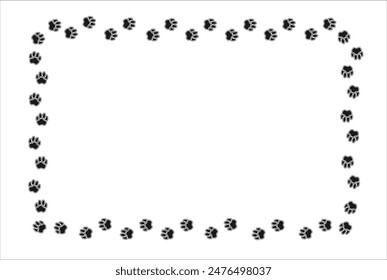 Rectangular frame with pet paw print. Black silhouette of a path of dog or cat footprints . Frame with pet footprints for design of shop windows, websites, etc. Vector illustration.