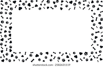 Rectangular frame with pet paw prints and bone and heart with blank space for text. Black silhouette track of dog or cat paw prints Pet paw prints frame for decorating shop windows, websites. Vector