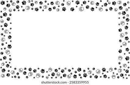 Rectangular frame with pet paw prints and bone and red heart with blank space for text. Vector silhouette border of dog or cat paw prints. Pet paw prints frame for decorating shop windows, websites.