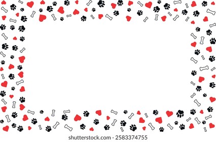 Rectangular frame with pet paw prints and bone and red heart with blank space for text. Black silhouette track of dog or cat paw prints Pet paw prints frame for decorating shop windows, Vector