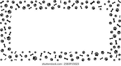 Rectangular frame with pet paw prints and bone with blank space for text Black silhouette track of dog or cat paw prints. Pet paw prints frame for decorating shop windows, websites, etc. Vector .