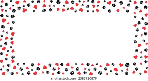 Rectangular frame with pet paw prints and bone and red heart with blank space for text. Silhouette border of dog or cat paw prints Pet paw prints frame for decorating shop windows, websites. Vector