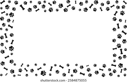 Rectangular frame with pet paw prints and bone with blank space for text. Black silhouette track of dog or cat paw prints Pet paw prints frame for decorating shop windows, websites, etc Vector