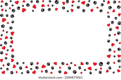 Rectangular frame with pet paw prints and bone and red heart with blank space for text Black silhouette track of dog or cat paw prints Pet paw prints frame for decorating shop windows, websites Vector