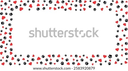 Rectangular frame with pet paw prints and bone and red heart with blank space for text. Silhouette border of dog or cat paw prints Pet paw prints frame for decorating shop windows, websites. Vector