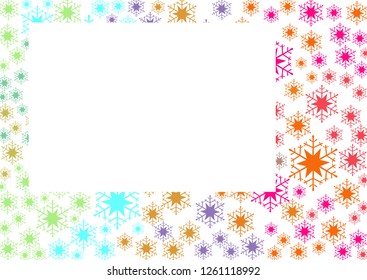 Rectangular frame for a photo with a pattern of multicolored snowflakes on a white background
