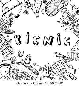 Rectangular frame with picnic, summer eating out, gardening and barbecue objects. Outline vector sketch illustration black on white background