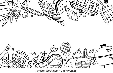 Rectangular frame with picnic, summer eating out and barbecue objects on top and bottom. Outline vector sketch illustration black on white background