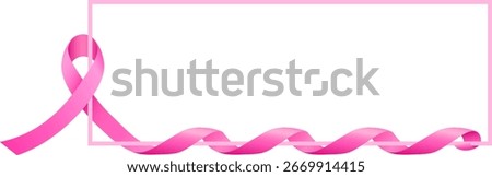 Rectangular frame with a pink ribbon flowing through the bottom left corner. Breast cancer awareness vector illustration