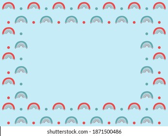 Rectangular frame with place for text. Stylish cute abstract rainbows and circles in red and gray colors on a light blue background. Perfect for invitation, certificate, graphic design. Vector.