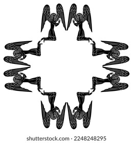 Rectangular frame with praying medieval angels. Black and white silhouette. Isolated vector illustration. 