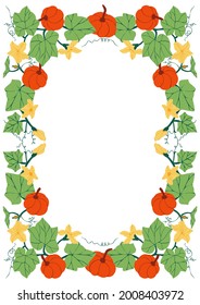 Rectangular frame with pumpkins, flowers and leaves. Botanical background with pumpkin plant. Template for greeting card, invitation or postcard. Vector illustration