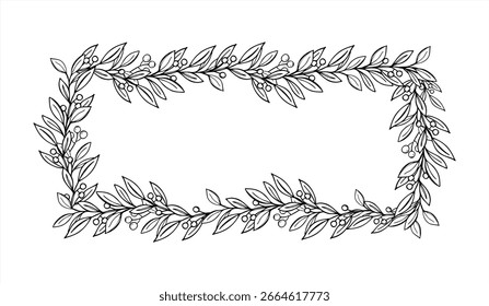 Rectangular frame with pyracantha or gaultheria branches, berries, and leaves vector monochrome illustration. Decorative evergreen plant border with copy space for text. Floral template for greetings.