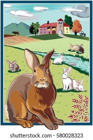 rectangular frame, with rabbits on a meadow near a stream.