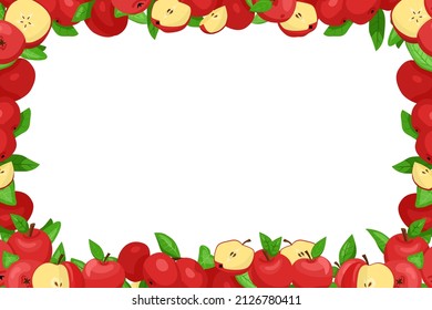 Rectangular frame with red apples and leaves. Decorative bright frame with empty space for text. Vector illustration design element for festival decorations, seasonal sales banner, packaging design.