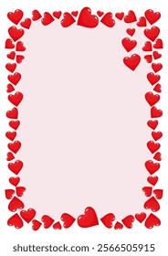 Rectangular frame of red hearts. For invitations, banners, greetings, gifts, and wedding cards. Beautiful ornament, romantic Valentine's card design.
