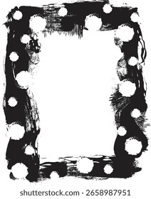 A rectangular frame with rough brush strokes and circular patterns in a grunge style. The design features uneven edges and scattered dots creating a dynamic border. Cartoon vector illustration.