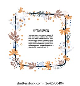 Marco rectangular de estilo escandinavo, patrón floral abstracto. flores y hojas en ilustración vectorial azul y marrón