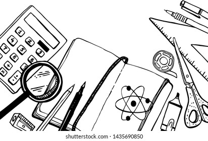 Rectangular frame with school stationery. Hand drawn outline doodle sketch vector illustration.  Notebook, calculator, scissors, pens, ruler, magnifying glass. Black on white background