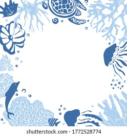 Rectangular frame with sea animals, turtle, dolphin, corals, fishes. Hand drawn vector sketch illustration