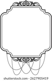 A rectangular frame is shown with a classic border and dangling ornaments.  This decorative element features a stylish outline and beaded accents.