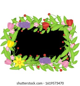 Rectangular frame of spring flowers in a flat style on a black geometric figure isolated on a white background. Stock vector illustration for decoration and design, packaging, Easter, cards, banners
