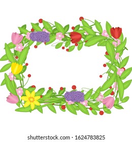 Rectangular frame of spring flowers isolated on white background. Stock vector illustration for decoration and design, packaging, Easter, cards, banners, posters, web pages, invitations and more.