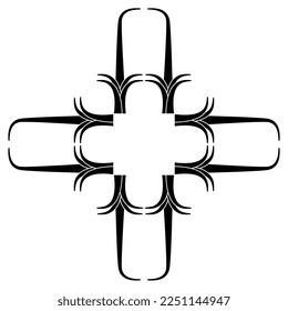 Rectangular frame or square cross shape with geometrical ancient Egyptian floral motifs. Stylized branches of reed plant. Black and white silhouette.