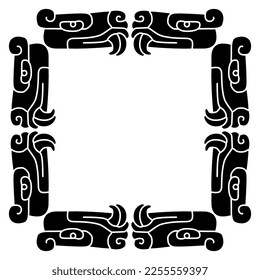 Rectangular frame or square ornament with fanged animal heads. Native American design of Aztec Indians from Mexican codex. Black and white silhouette.