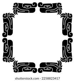 Rectangular frame or square ornament with fanged animal heads. Native American design of Aztec Indians from Mexican codex. Black and white silhouette.