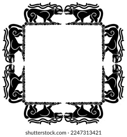 Rectangular frame or square ornament with fantastic horned animals. Ancient Siberian ethnic art. Permian animal style. Black and white silhouette.