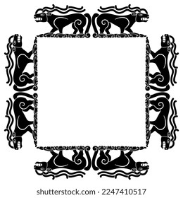 Rectangular frame or square ornament with fantastic horned animals. Ancient Siberian ethnic art. Permian animal style. Black and white silhouette.