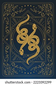 Rectangular frame with stars and two snakes in retro style on a dark blue background