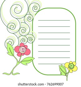 Rectangular frame with strips of text with pink and yellow flowers with smiling faces and with the green flourishes on a white background