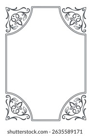 Rectangular frame with stylized floral motifs in all four corners and curved inner corners. Graceful linear design for invitations, certificates, menus, or vintage layouts. Vector illustration.