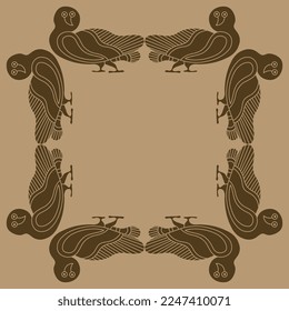 Rectangular frame with stylized funny owl birds. Ancient Greek animal motif. Vase painting style. Monochrome brown silhouette.