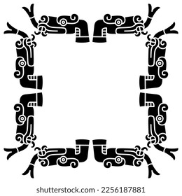 Rectangular frame with stylized heads of snake or dragon with forked tongue. Native American animal design of Aztec Indians from Mexican codex. Black and white silhouette.