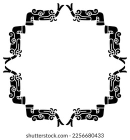 Rectangular frame with stylized heads of snake or dragon with forked tongue. Native American animal design of Aztec Indians from Mexican codex. Black and white silhouette.