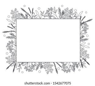 Rectangular frame surrounded by plants. Outline drawing on white background. For registration of wedding invitations, printing, labels.
