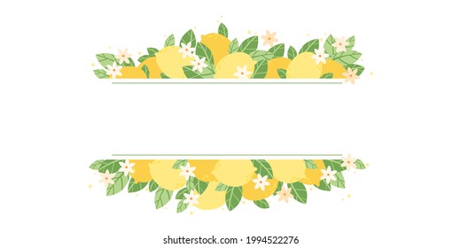 rectangular frame template.  composition with lemons, abundant green foliage and fragrant flowers in full bloom.  vector illustration.