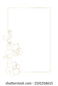 Rectangular frame template, decorated in the corner with a bouquet of magnolia flowers in a golden outline on a white background. Place for your text. 