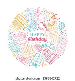 Rectangular frame template with stylized birthday cakes, gift boxes, balloons. Hand drawn cartoon vector colorful sketch illustration on white background