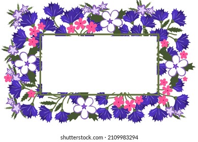Rectangular frame for text, from purple and pink flowers, green leaves, for design and print